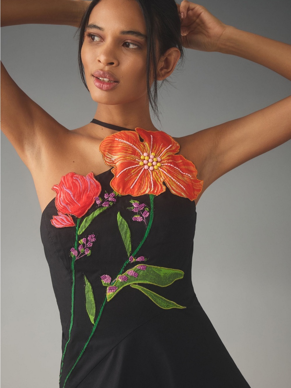 Anthropologie Black One-Shoulder Floral Appliqué Midi Dress - Picture 3 of 8